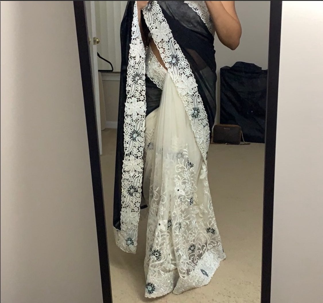 Black & White Shimmer Net Saree