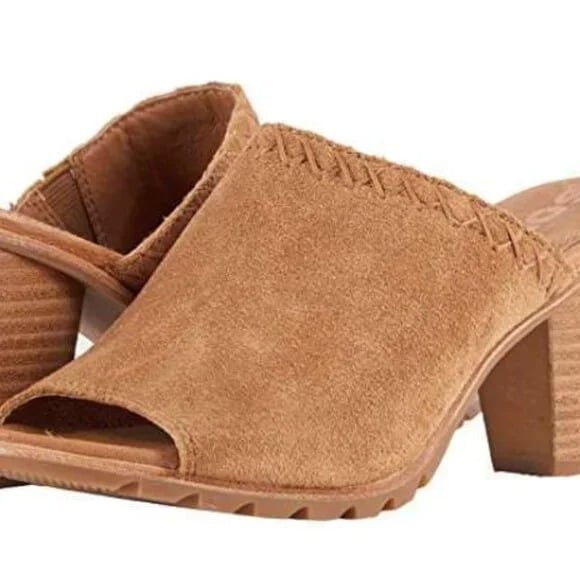 Sorel Women's Tan Nadia NL2851-224 Leather Block Heel Casual Mules Size 8.5