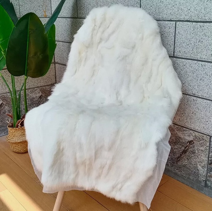 Natural White Rabbit Fur Throw 100% Real Fur Blanket Rug Stitch Plaid 1.8'x3.8'
