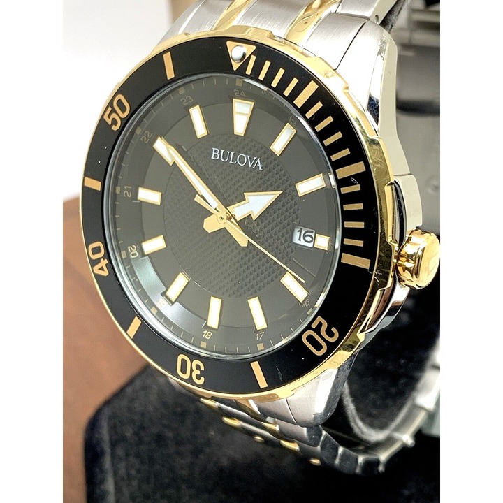 Bulova Men's Watch 98B394 Black Dial Date Quartz Two Tone Stainless Steel 44mm
