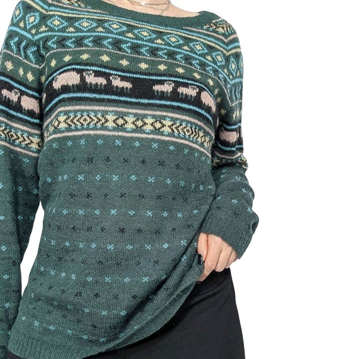 Woolrich Wool Mohair Blend Mama Baby Sheep Fairisle Sweater Lightweight Size XL