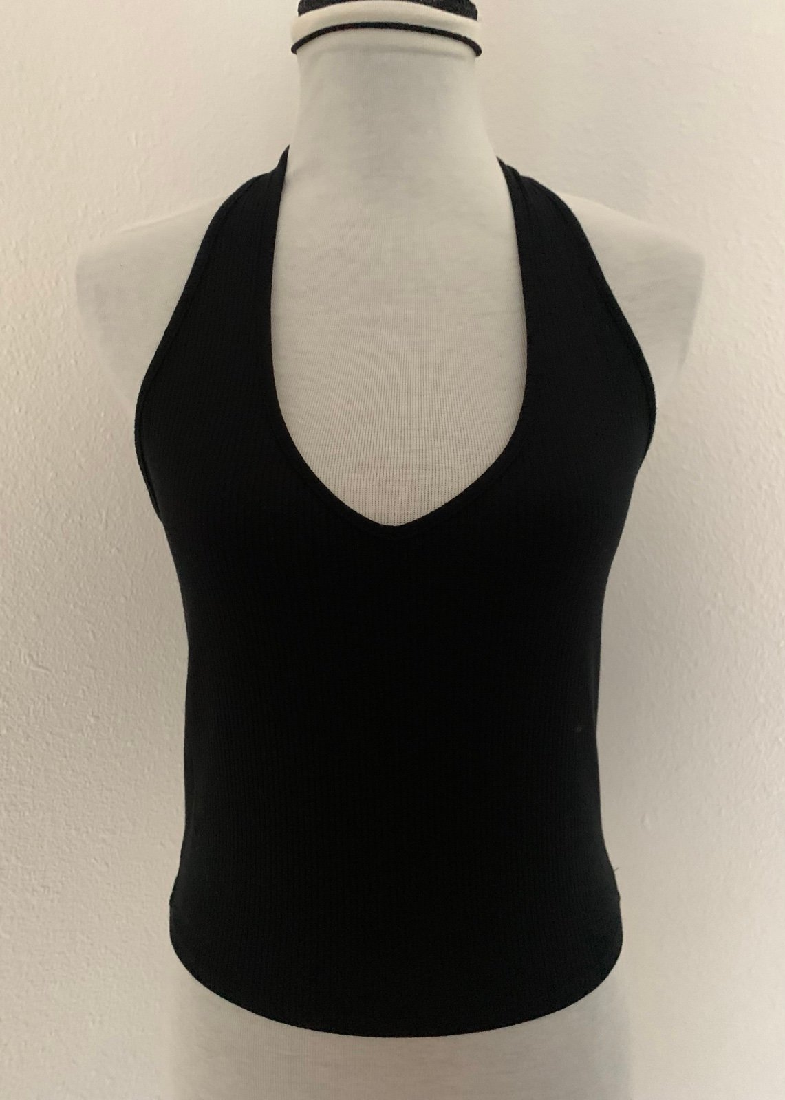 GARAGE Women’s Black Halter Open Back Bandeau Ribbed Crop Tank Top Blouse Sz L
