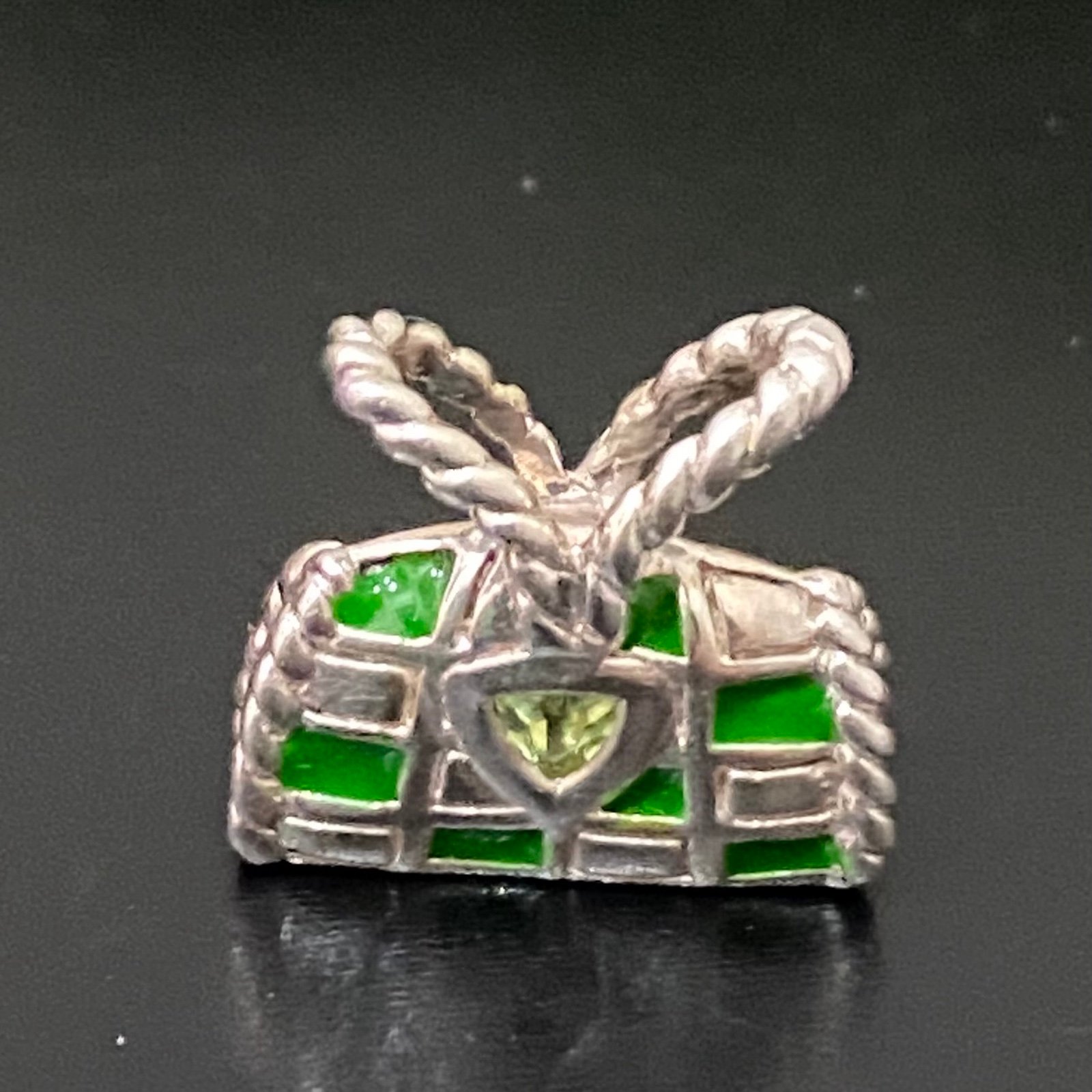 Sterling Silver 925 Green Enameled Peridot Birthstone Purse Bag Pendant 4g.