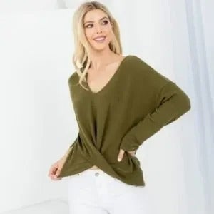 Olive Long Sleeve Front Twist Top - 1 SIZE M and 1 SIZE L