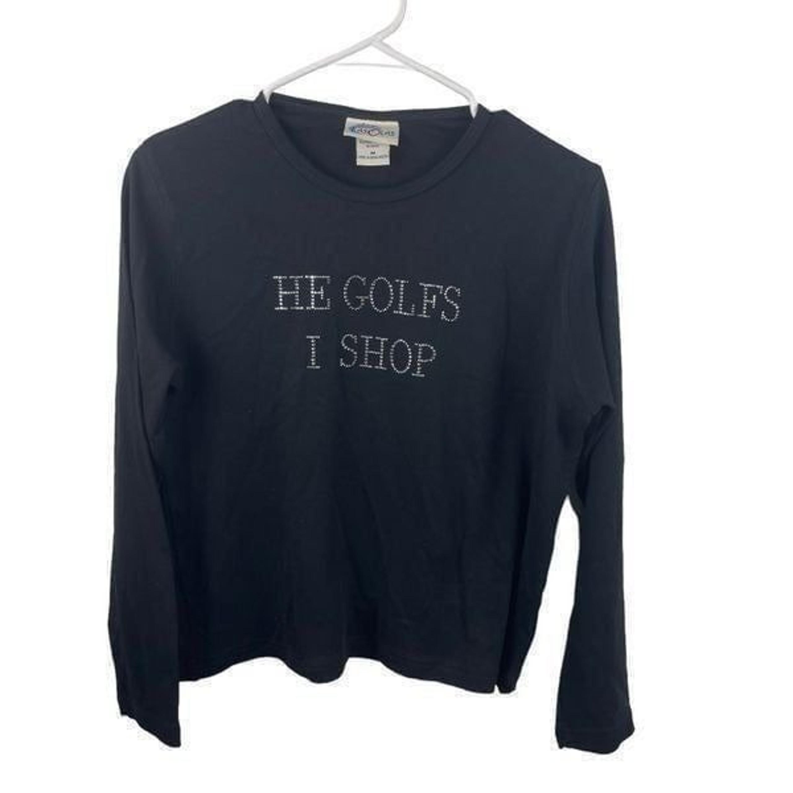 Las Olas Y2K  He Golfs I Shop Rhinestone Bling Black Long Sleeve Shirt Size M