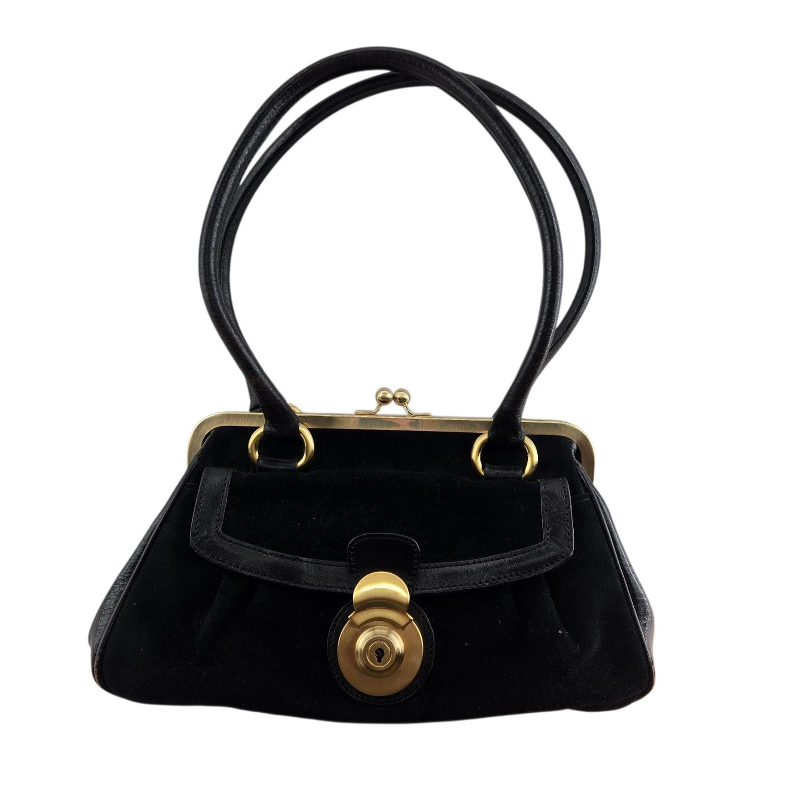 Wilson'S Leather Black Suede Hinge Frame Top Handle Purse Top Handles Gold Tone