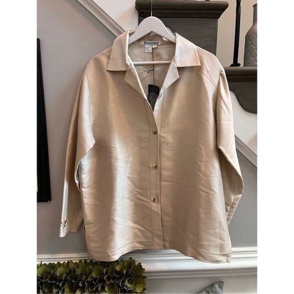 WinterSilks Beige Embroidered Button Down Tunic Blouse sz L NWT