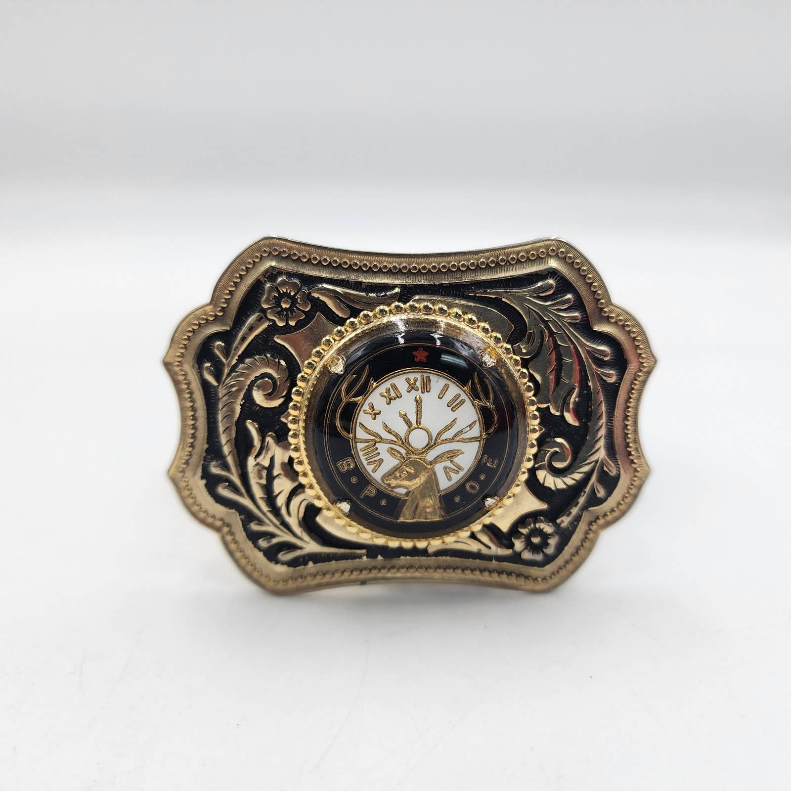 Vintage Men's BPOE Dear Gold Tone Clock Belt Buckle