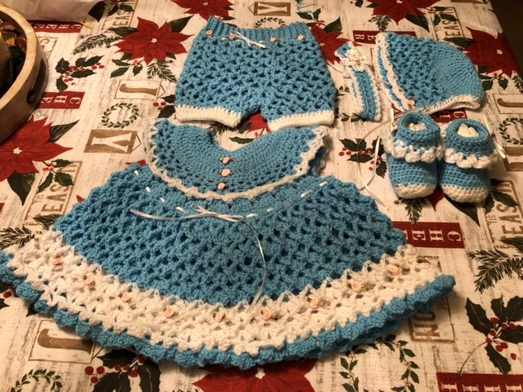 Baby outfit 6 to 9 months dress diaper cover hat headband booties