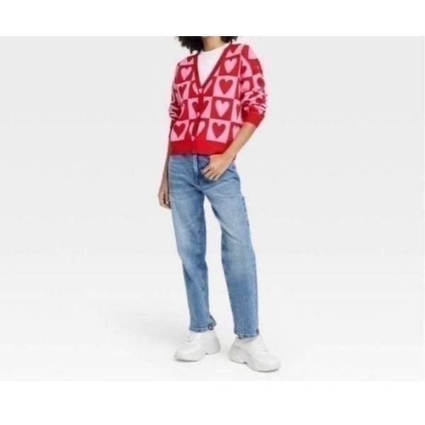 Target Women’s Heart Postage Stamp Graphic Cardigan Red/Pink Size S