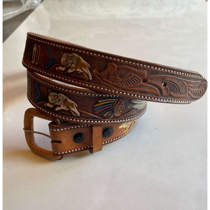 Vintage Native Indian Hand Crafted Engraved Handmade Leather Belt Cowboy 50
