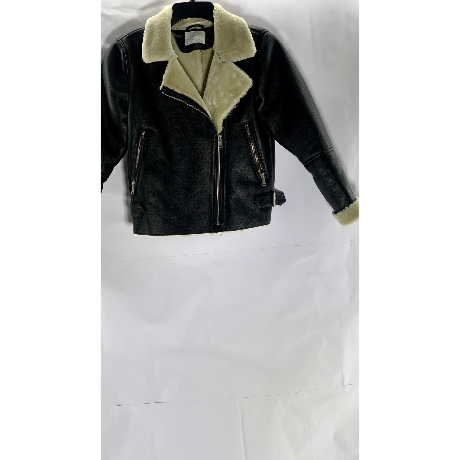 ZARA Girls Black/Beige Faux-Leather/Sherling Asymmetrical Zip-Up Jacket SZ 10