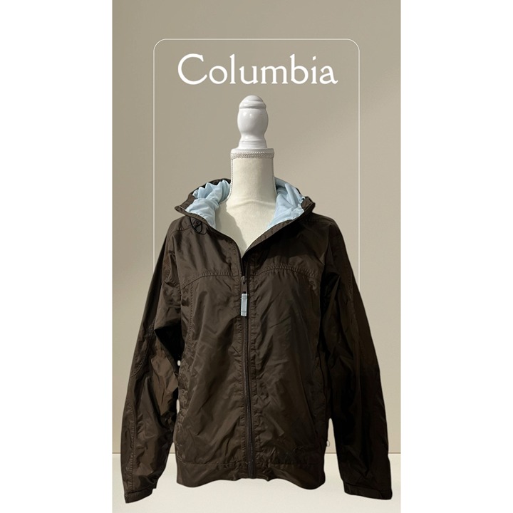 Columbia Brown & Light Blue Hooded Windbreaker Jacket Size Large
