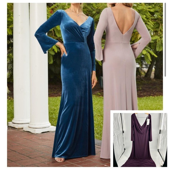 Christina Wu Jersey Purple Burgundy Long Sleeve Maxi Formal Dress 22106 Sz 16