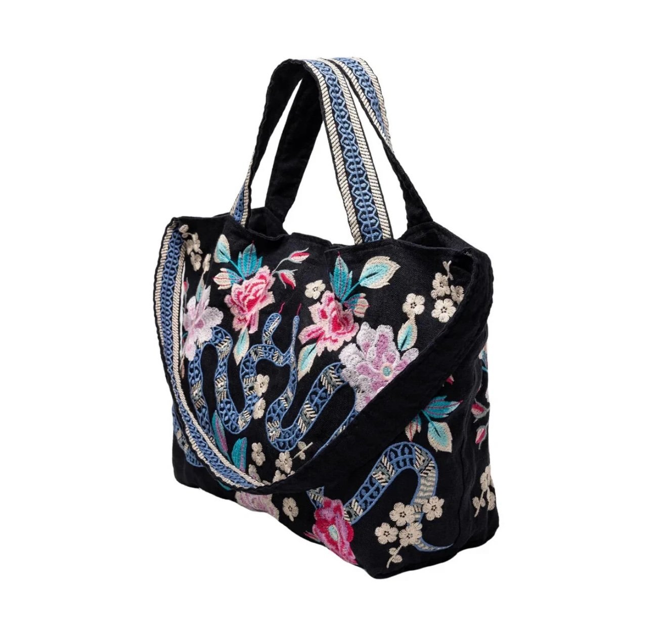 NWT Johnny Was Edie Floral Boho Embroidered Linen Black Tote Bag