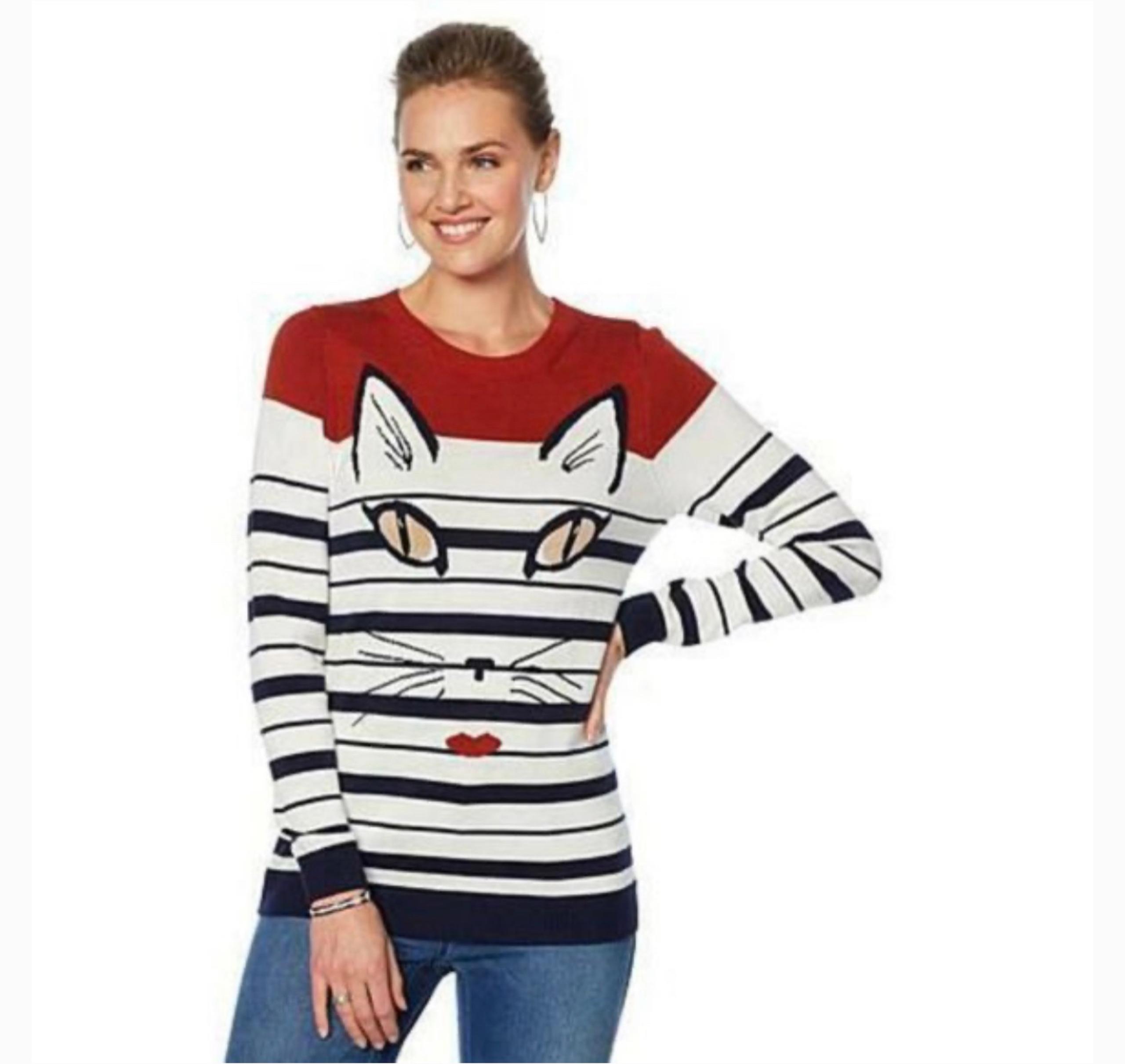 DG2 Diane Gilman Striped Cat Kitty Sweater Orange Blue Pullover Crewneck Women S