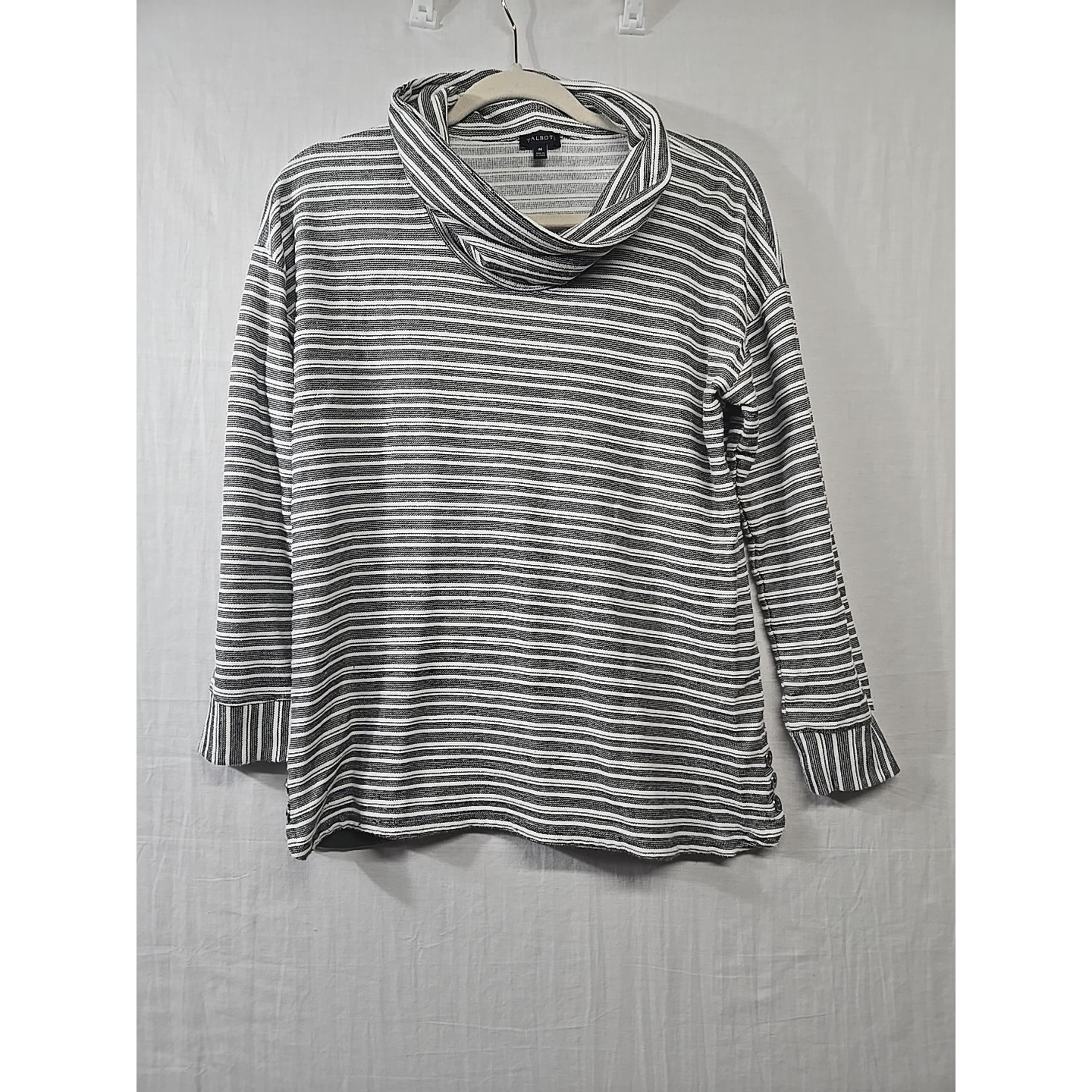 Talbots 7/8 Sleeve Cowl Neck Black White Stripe Pullover Top Women's M Button