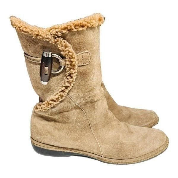 Stuart Weitzman Beige Suede Faux Shearling Lined Boots Mid-Calf Toggle Womens 8M