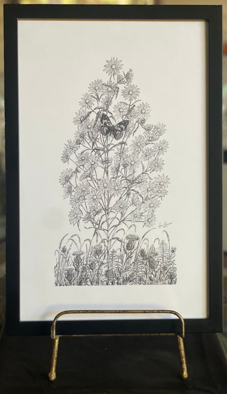 12” x 18” Black and White Pencil Sketch Butterfly/Floral/Tree Framed Print.