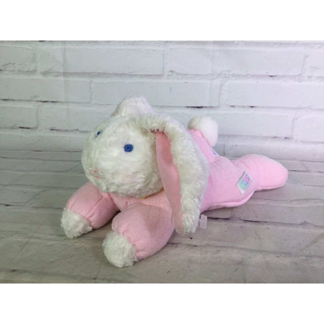 Vintage EDEN White Laying Bunny Rabbit With Pink Outfit Plush Stuffed Animal Toy