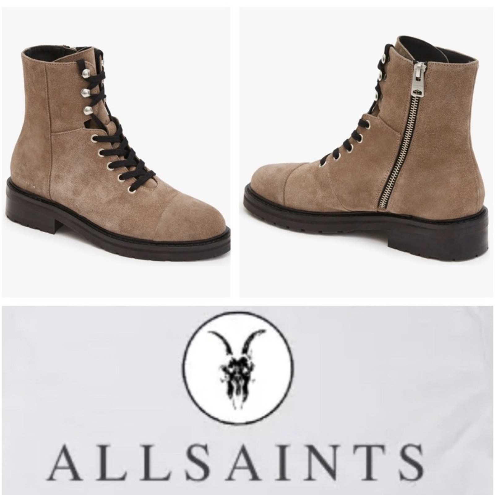 AllSaints Dusty Cap Toe Lug Sole Suede Boots in Taupe Size 9 NWT