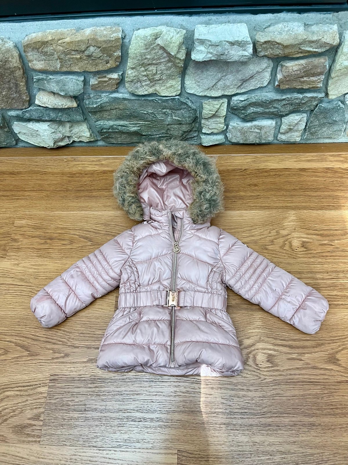 Michael Kors Toddler Girl Belted Puffer Jacket Coat Pink Dusty Rose 3T Faux Fur