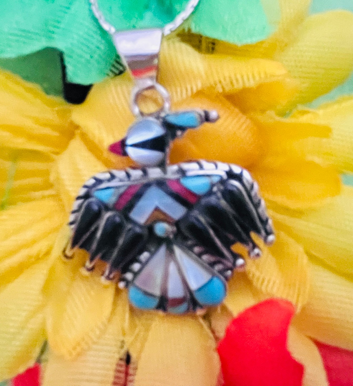 Zuni Sterling Turquoise Coral Onyx Thunderbird Necklace #818 SIGNED