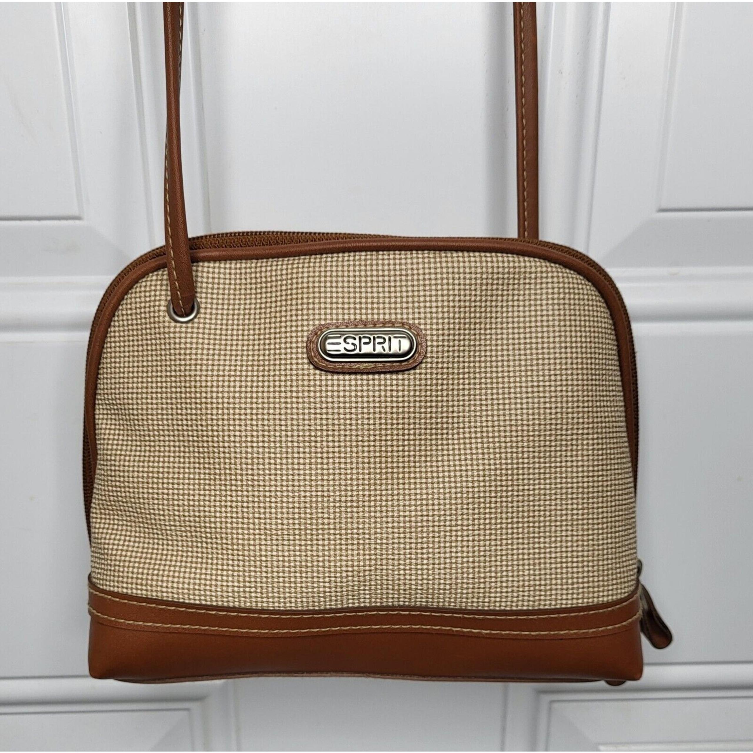 Vintage Esprit Cream & Tan Woven Faux Leather Crossbody Shoulder Bag 25" Strap
