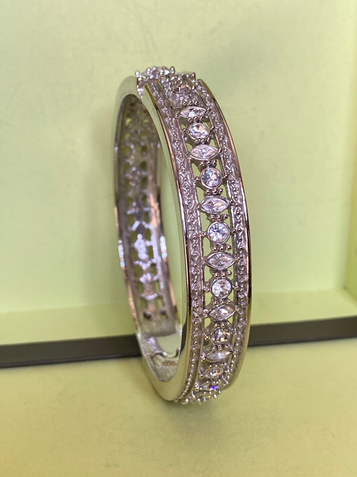 Vintage Jacqueline Kennedy JBK CZ rhodium-plated Hinged Bangle.