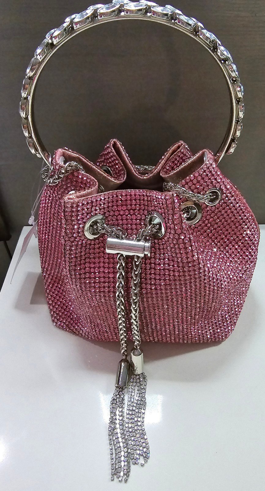 Womens Pink Sparkly Crystal Rhinestone Bucket Bag/ Purse/Clutch