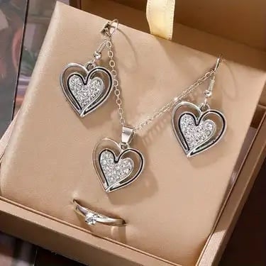 Silver & Black Heart Necklace Earrings & Ring nwt