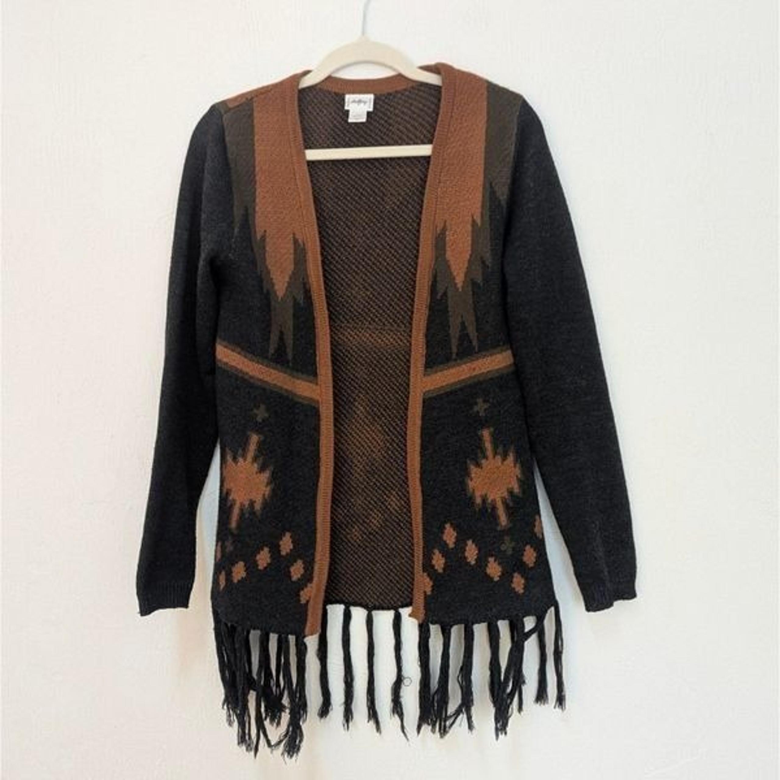 DayTrip Open Front Cardigan Sweater Women's M Aztec Design Black/Tan Tassels