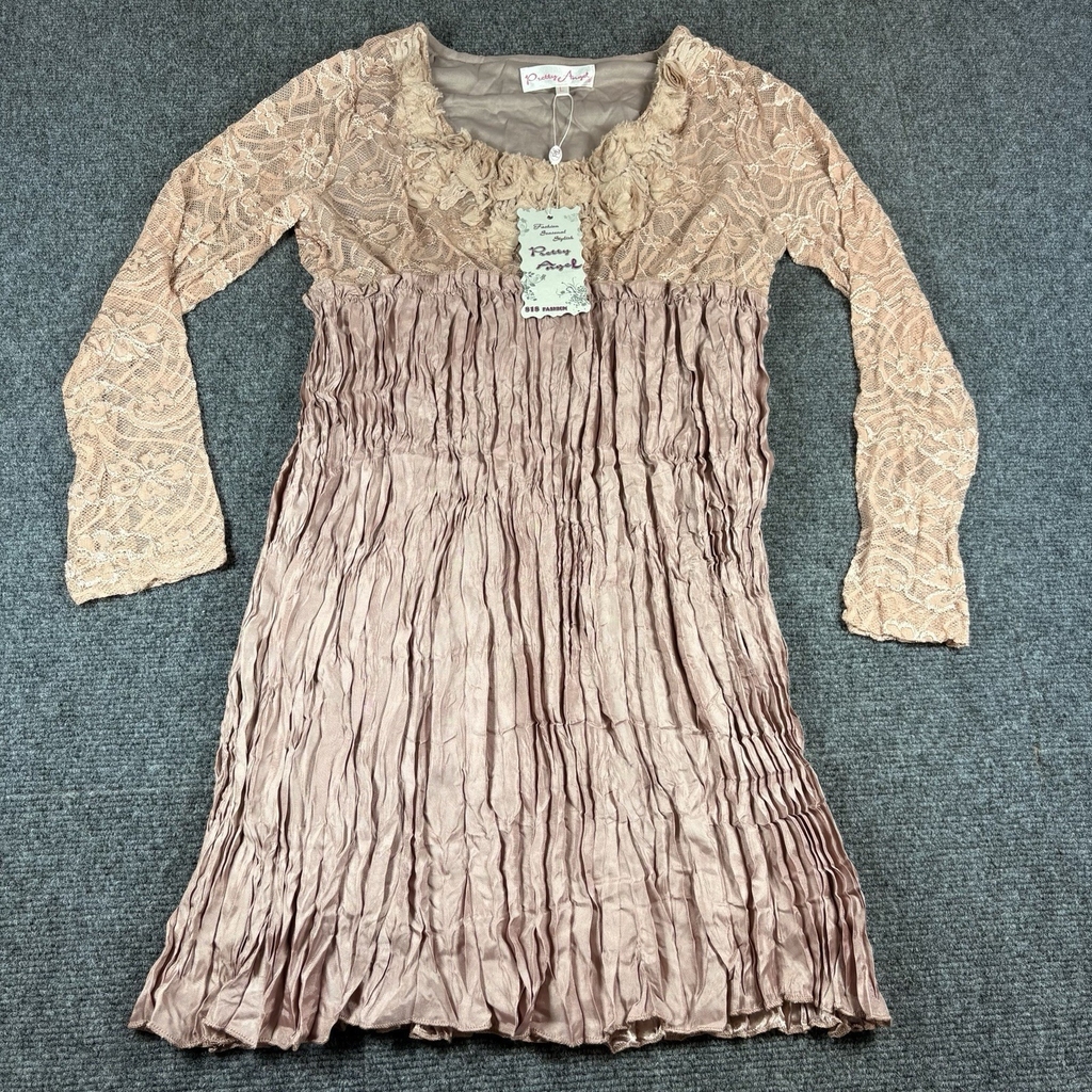Pretty Angel Womens L Rose Gold Long Sleeve Pleated Tunic Silk Blend Dress NWT