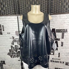 Scoop XL Black Coated Faux Leather Laser Floral Cut Scoop Neck Tank Top