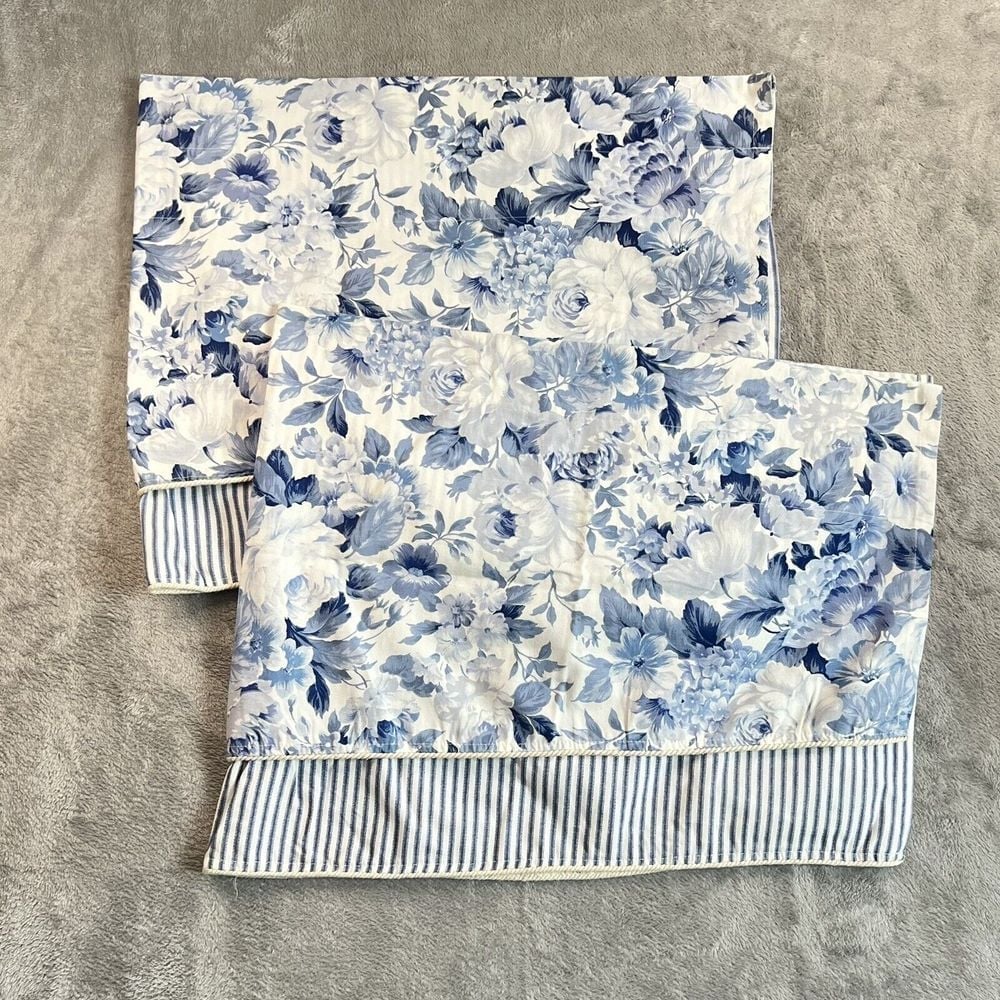 Set of 2 Coastal Botanical Floral Blue White Valances  50"X19" Home Decor
