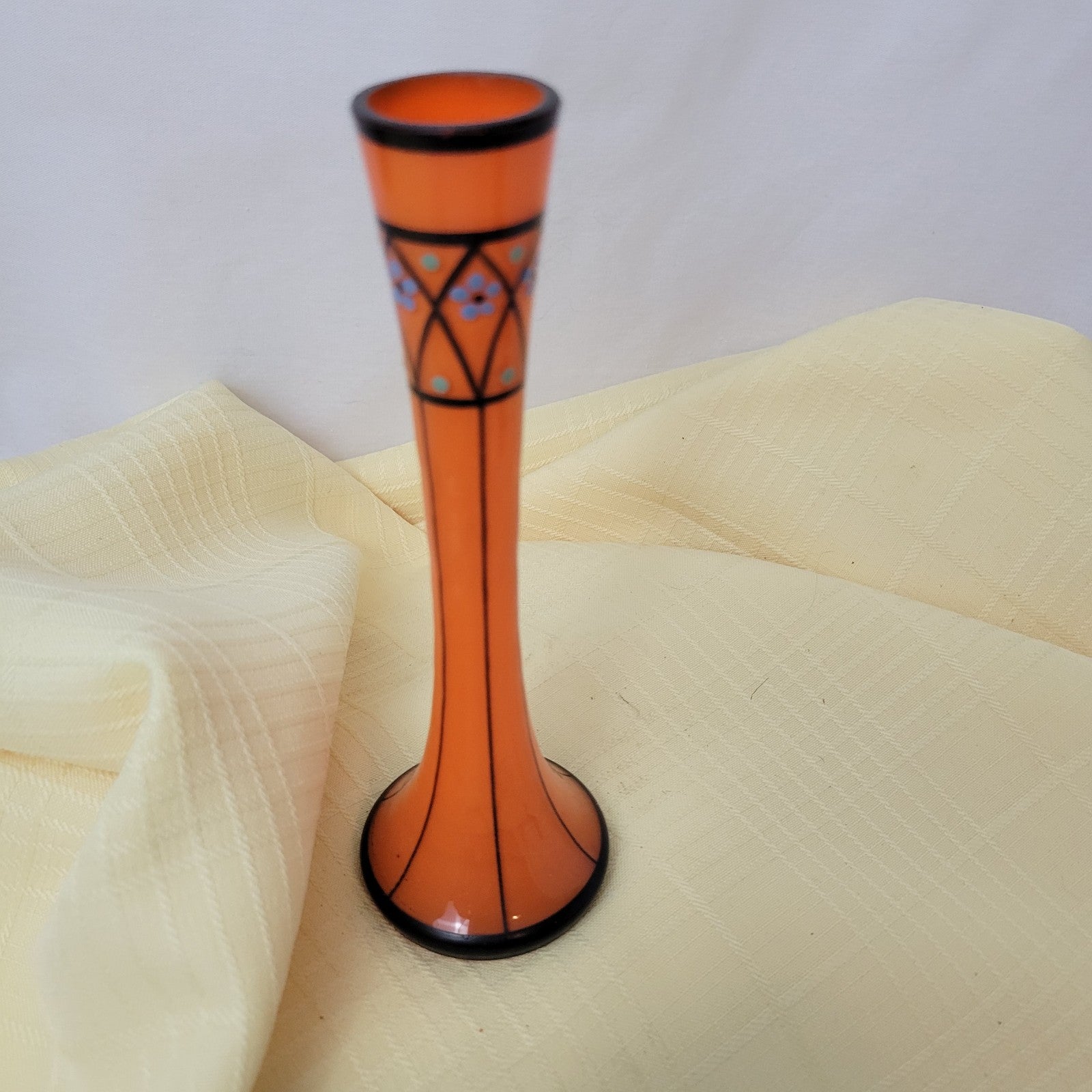1930 Vintage Tango Glass Bud Vase Czech Art Deco Bohemian Orange Hand Painted