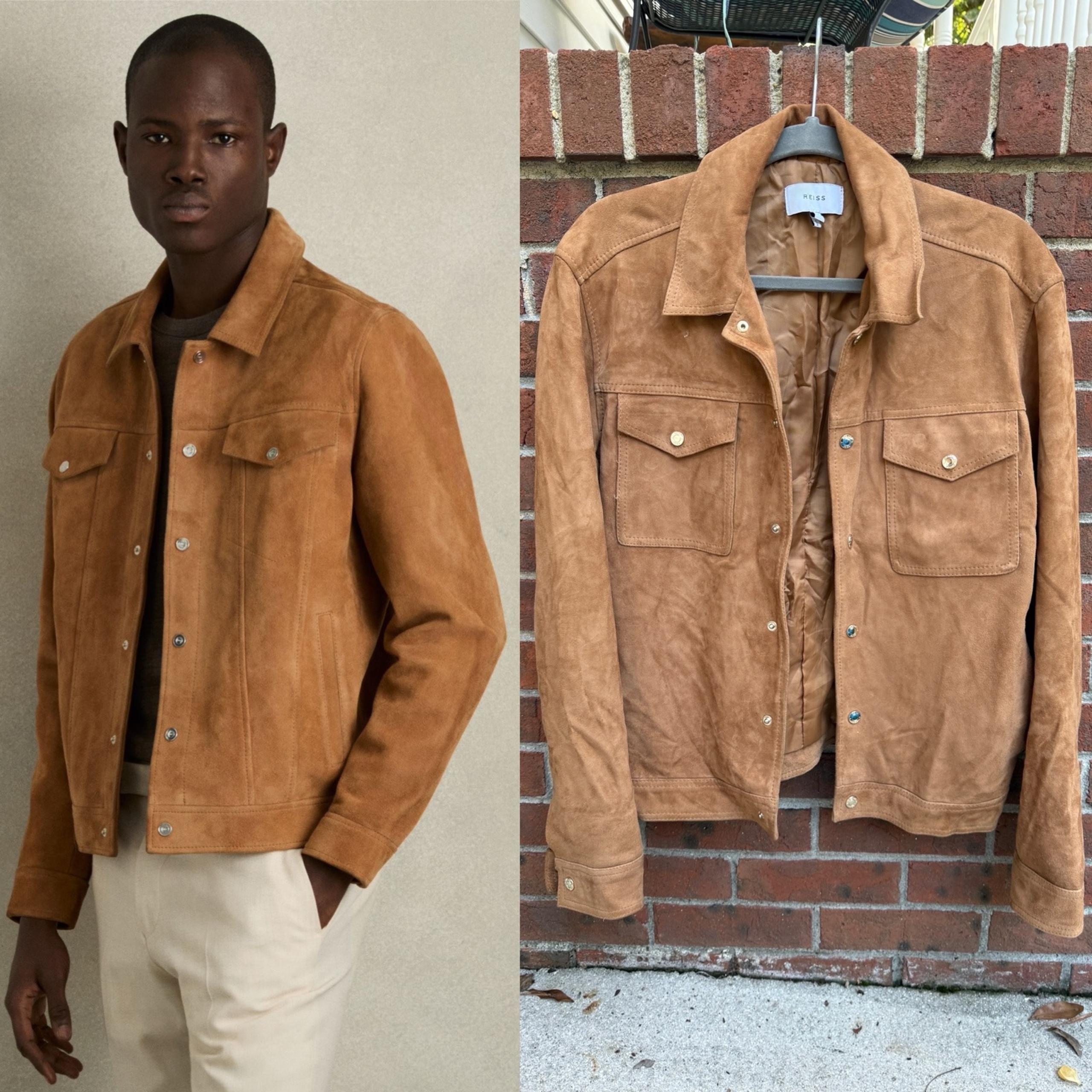 Reiss Brown Suede Goat Leather Trucker Jacket Size Small Men’s