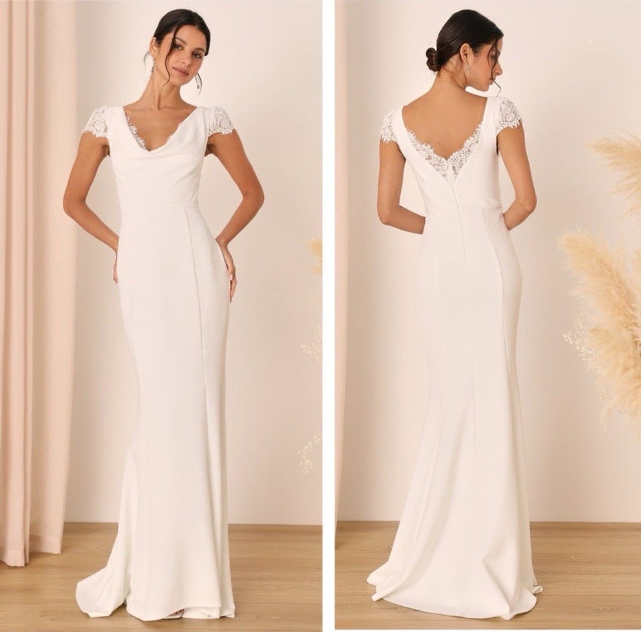 Lulus Forever Beloved White Lace Cap Sleeve Mermaid Maxi Dress Size Medium Bride