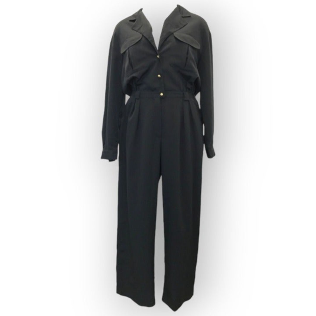 Vintage Chaus Wide Leg Boiler Suit Jumpsuit-Medium-Black-Elastic Waist-Pockets