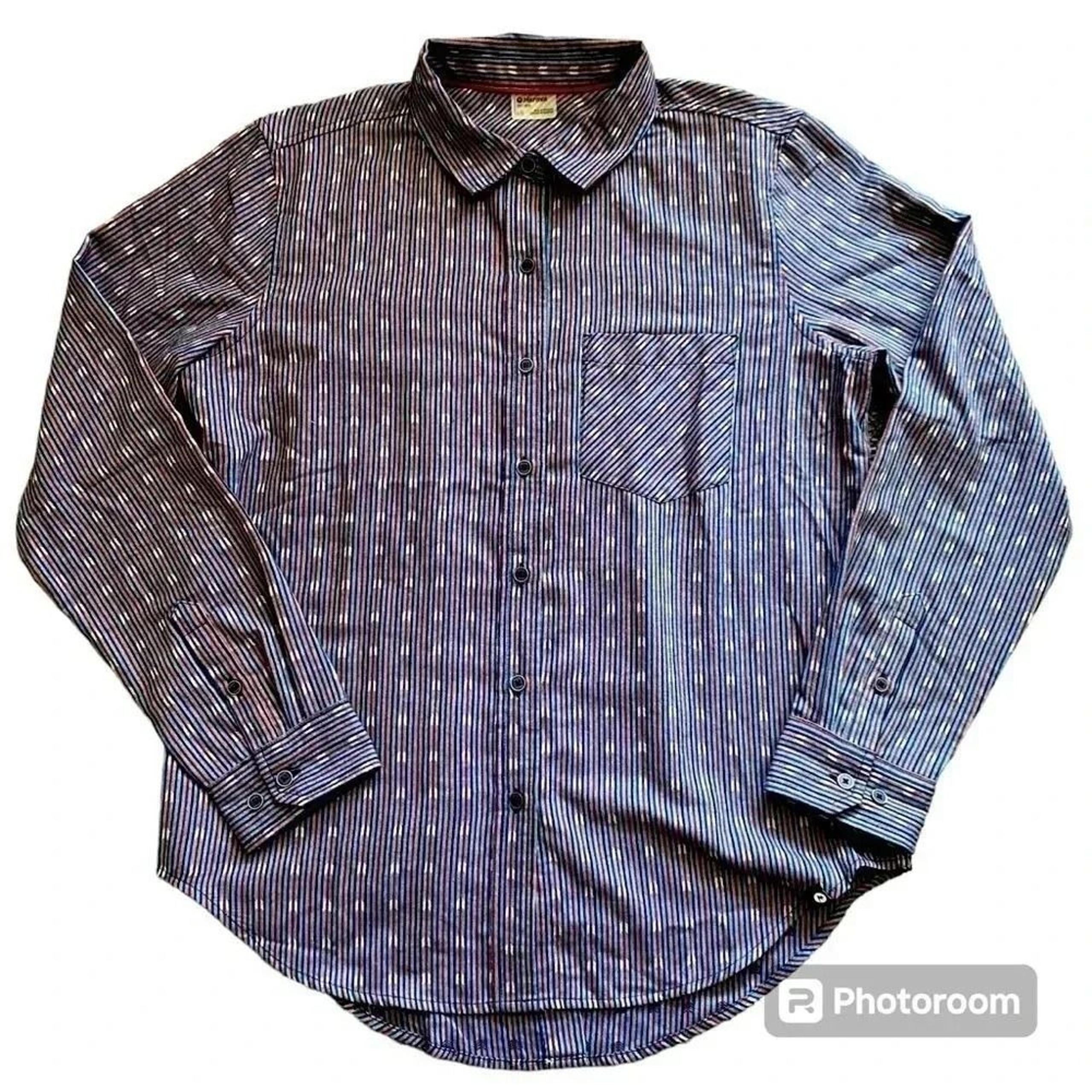 Marmot women's L tunic button down shirt back buttons blue stripes arrow prints