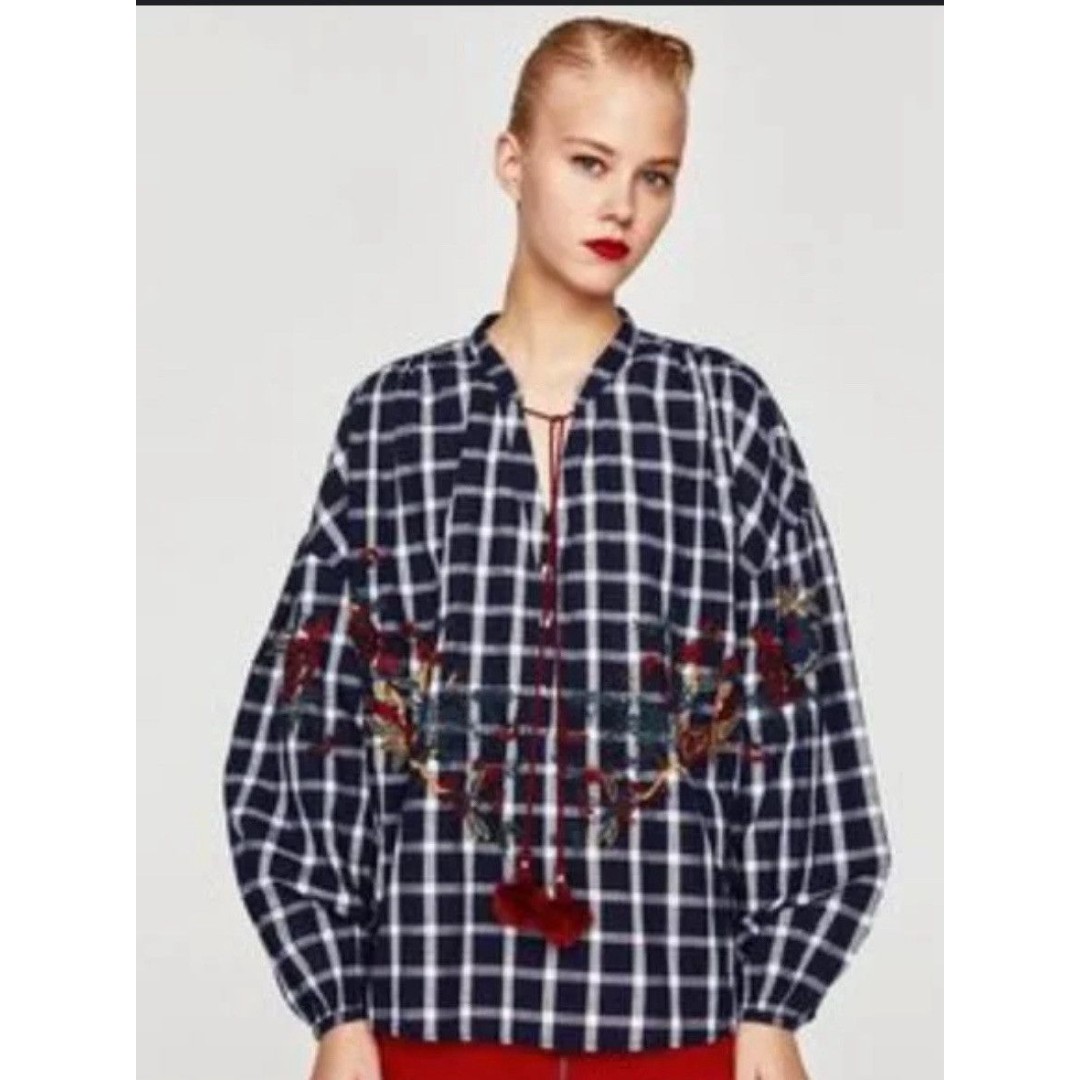 ZARA Blue Gingham Red Embroidered Tassel Puff Sleeve Boho Peasant Blouse Top S