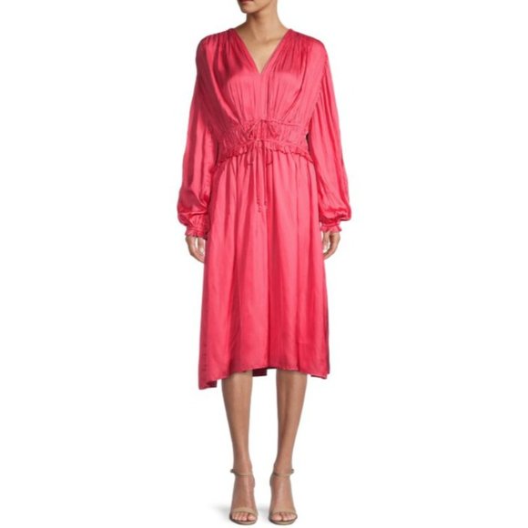 NWT Elie Tahari Ruched Tie-Waist Midi in Lido Pink Satin Crinkle Dress L 375
