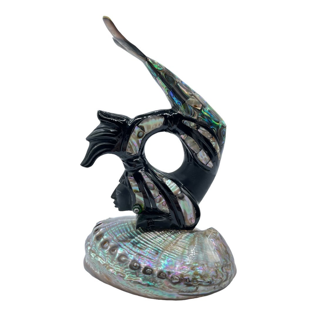 HTF Art Deco Carved Obsidian Abalone MOP Bizarre Siren Mermaid Sculpture Artwork