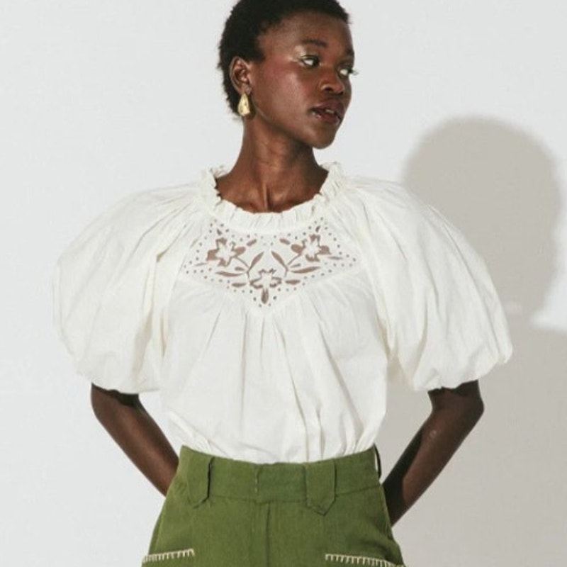 NWT Cleobella Women's Organic Cotton Ivory Baylor Blouse Eyelet-Cut Yoke Top L