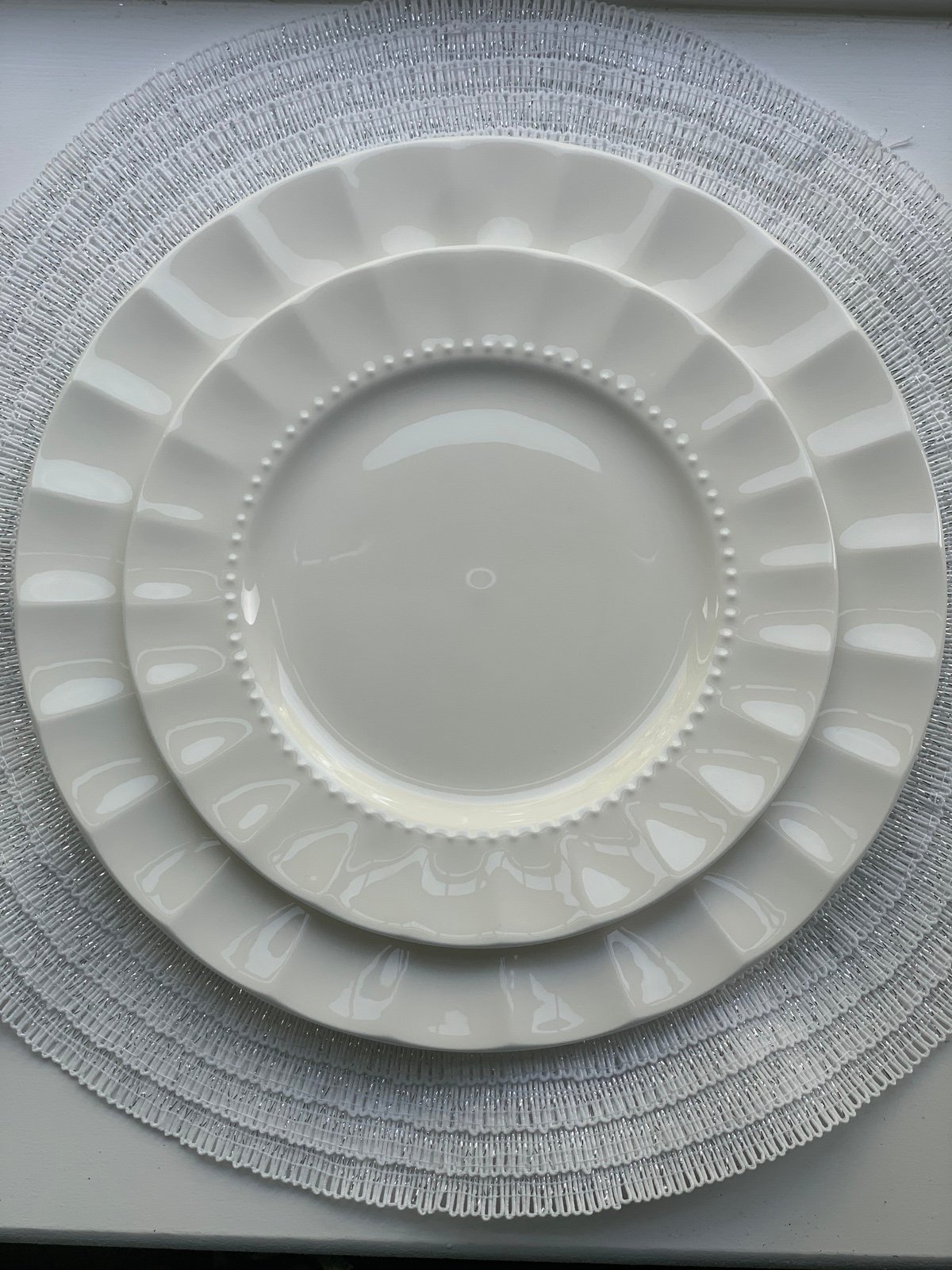 White Bone China Salad Plates Set of 4 w/Ruffled Edge & Beading | Bridal White