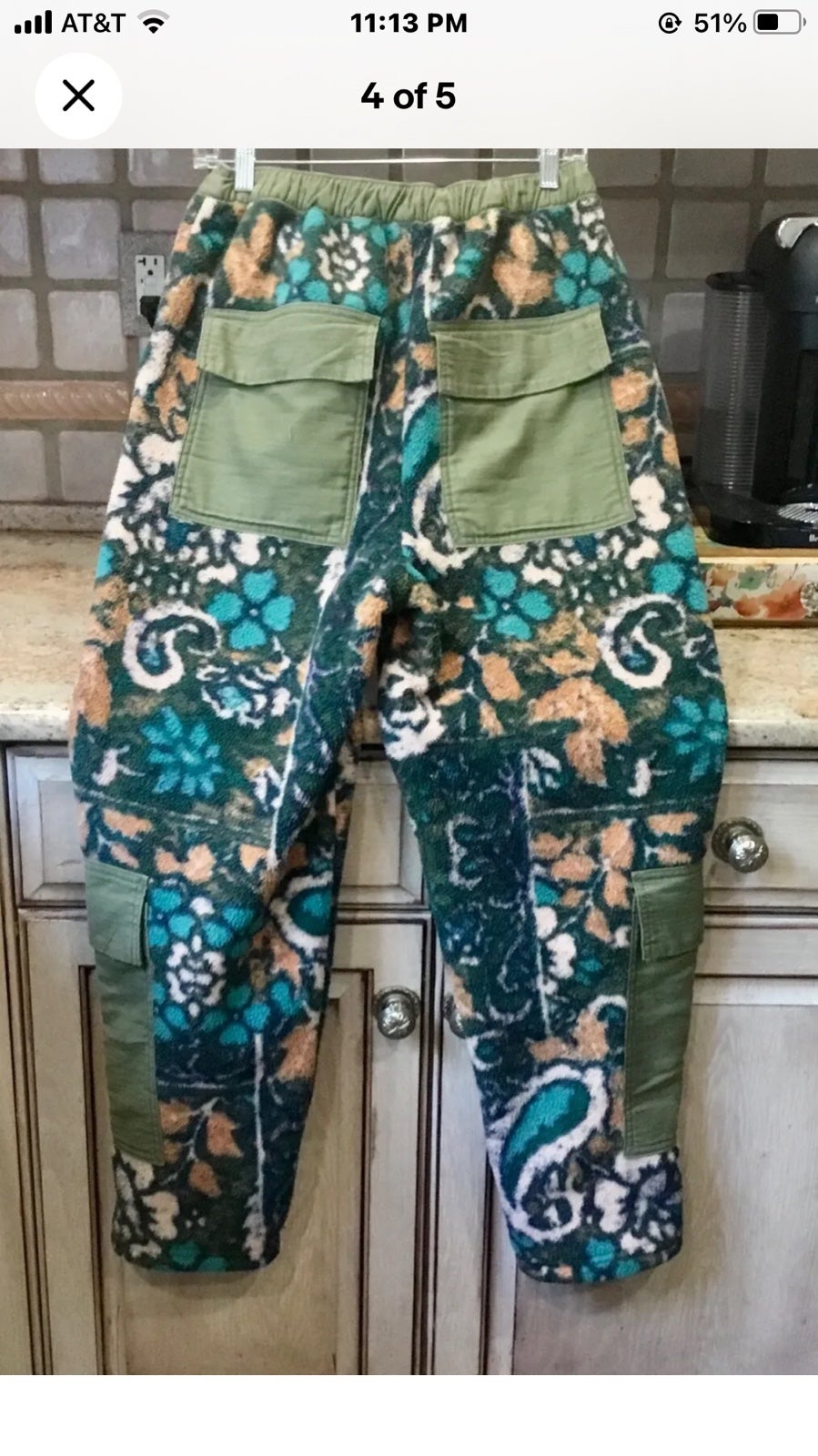 Free People Make It Known Fleece Pants Furry Paisley Print Cargo Green - detail