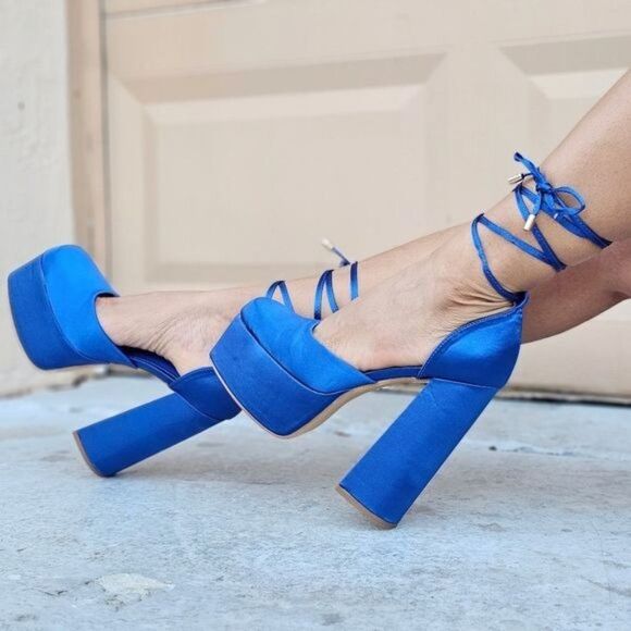 Womens Satin Platform Chunky Lace Up Heels Blue Color