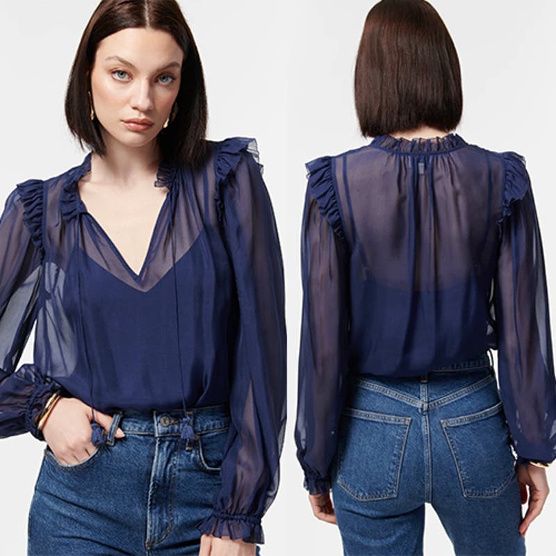 NWT Cami NYC Sheer Chiffon Ruffle Sandy Storm Navy Blue Sheer Blouse Top
