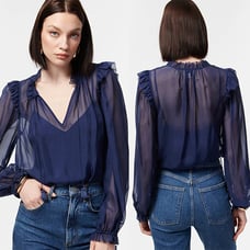 NWT Cami NYC Sheer Chiffon Ruffle Sandy Storm Navy Blue Sheer Blouse Top
