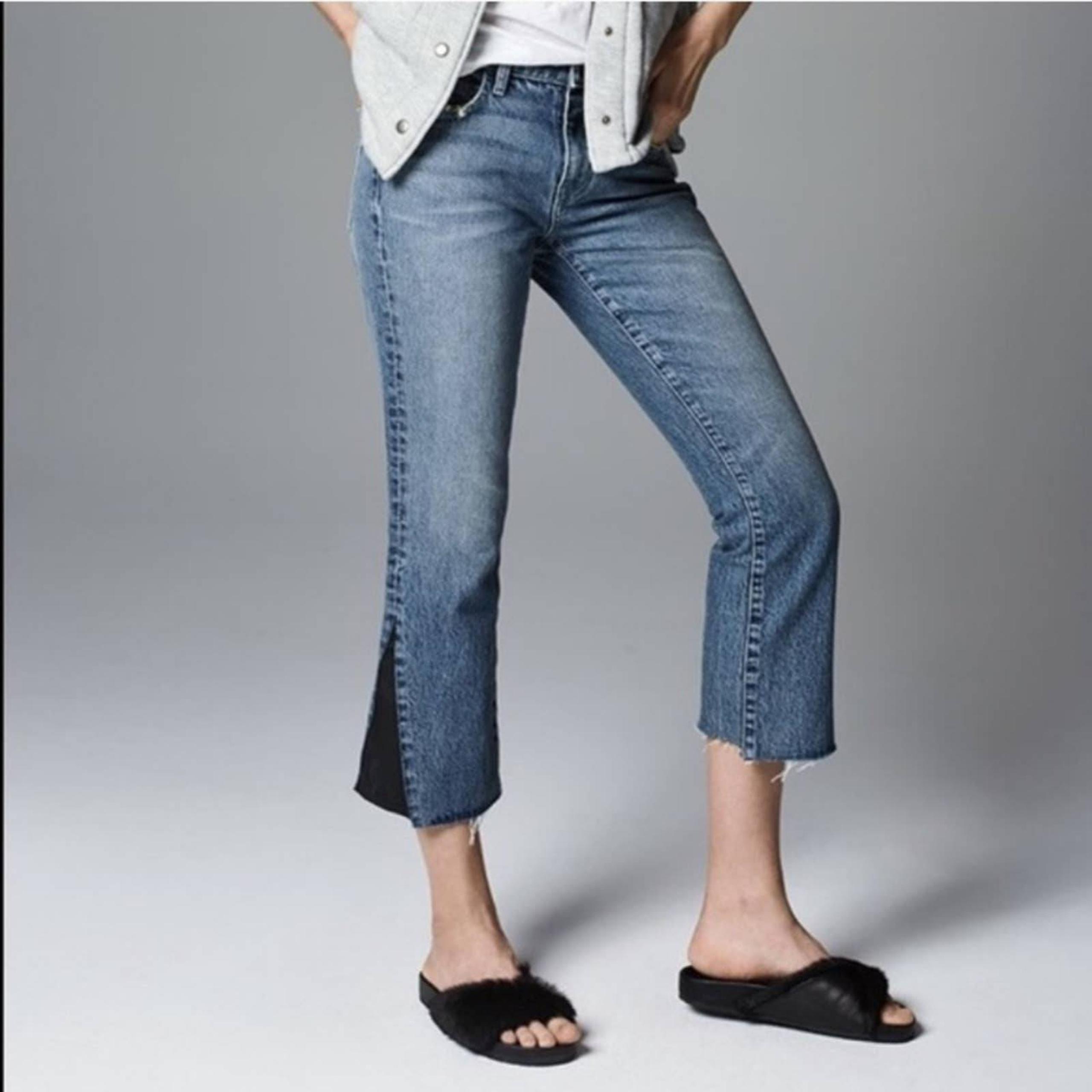 NWT Current Elliott Kick Cropped Jeans with Faux Leather Insert Raw Hem Size 24